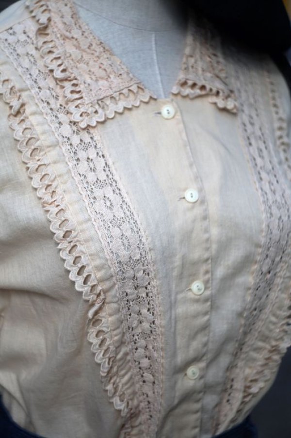 画像4: 無地 ベージュ 半袖 ブラウス レースカラー フリル [16997]