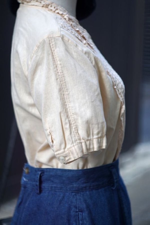 画像6: 無地 ベージュ 半袖 ブラウス レースカラー フリル [16997]