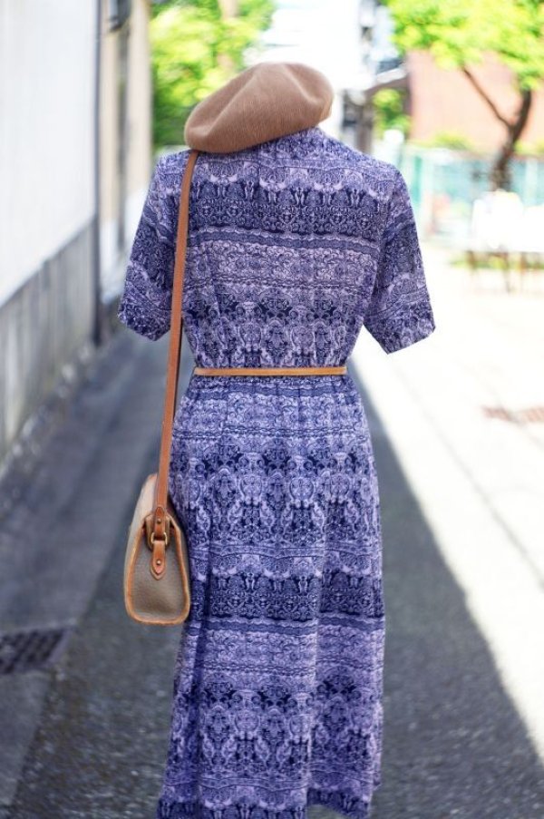 画像8: エスニック柄 ピンク×ネイビー 半袖 レトロワンピース ノーカラー リボン [17130]