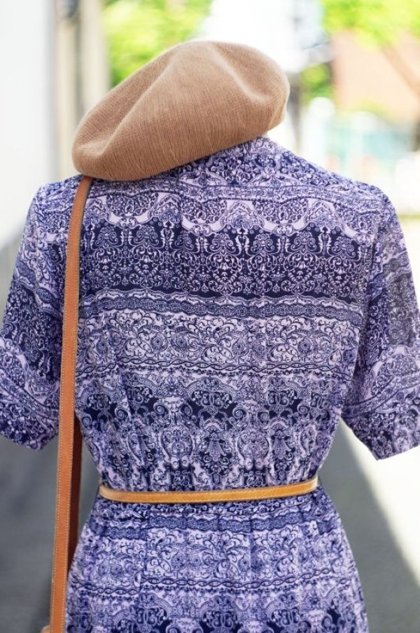 画像9: エスニック柄 ピンク×ネイビー 半袖 レトロワンピース ノーカラー リボン [17130]