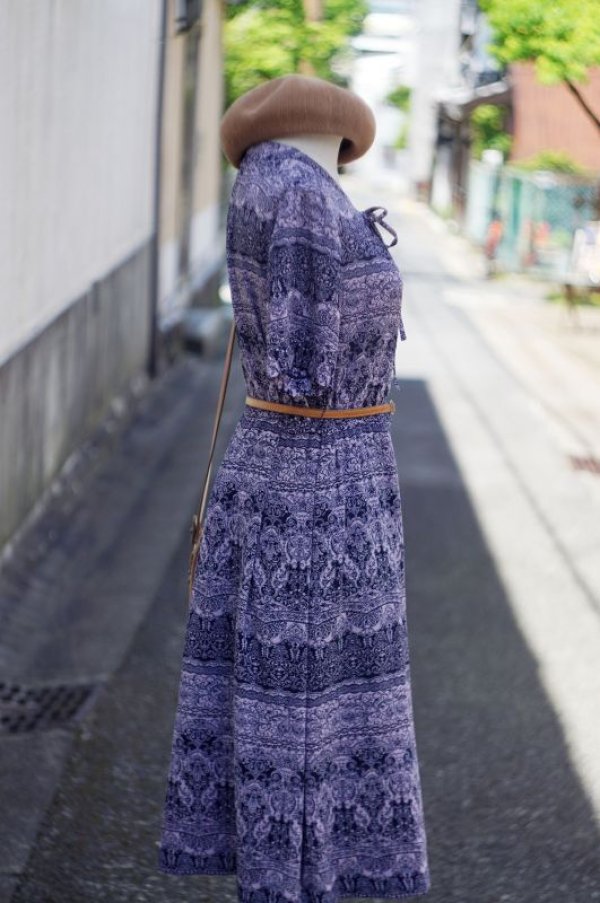 画像10: エスニック柄 ピンク×ネイビー 半袖 レトロワンピース ノーカラー リボン [17130]