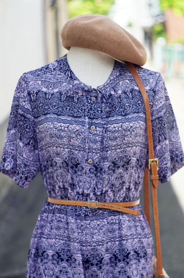 画像4: エスニック柄 ピンク×ネイビー 半袖 レトロワンピース ノーカラー リボン [17130]