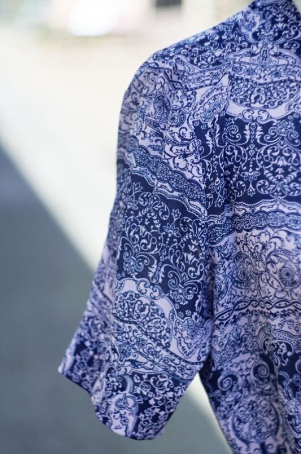 画像14: エスニック柄 ピンク×ネイビー 半袖 レトロワンピース ノーカラー リボン [17130]