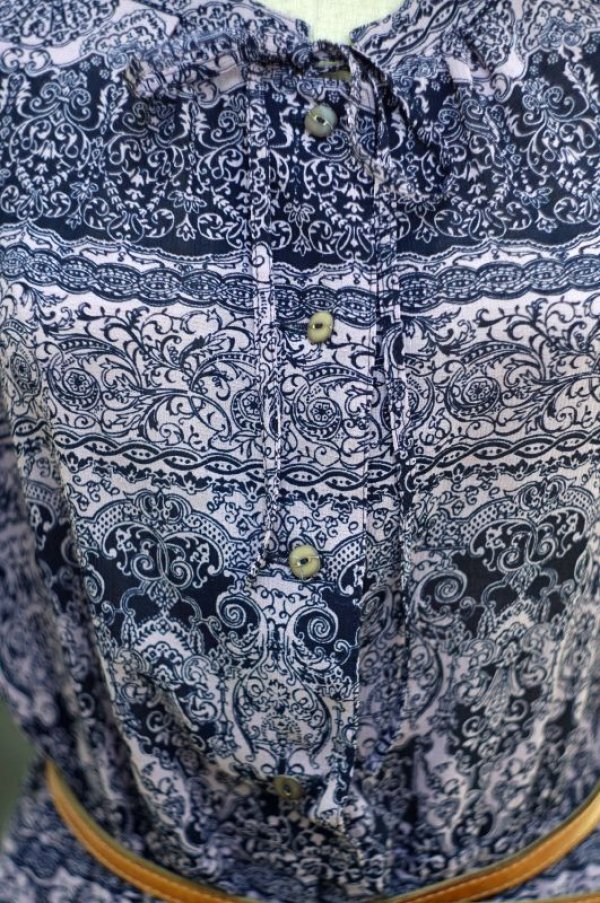 画像16: エスニック柄 ピンク×ネイビー 半袖 レトロワンピース ノーカラー リボン [17130]