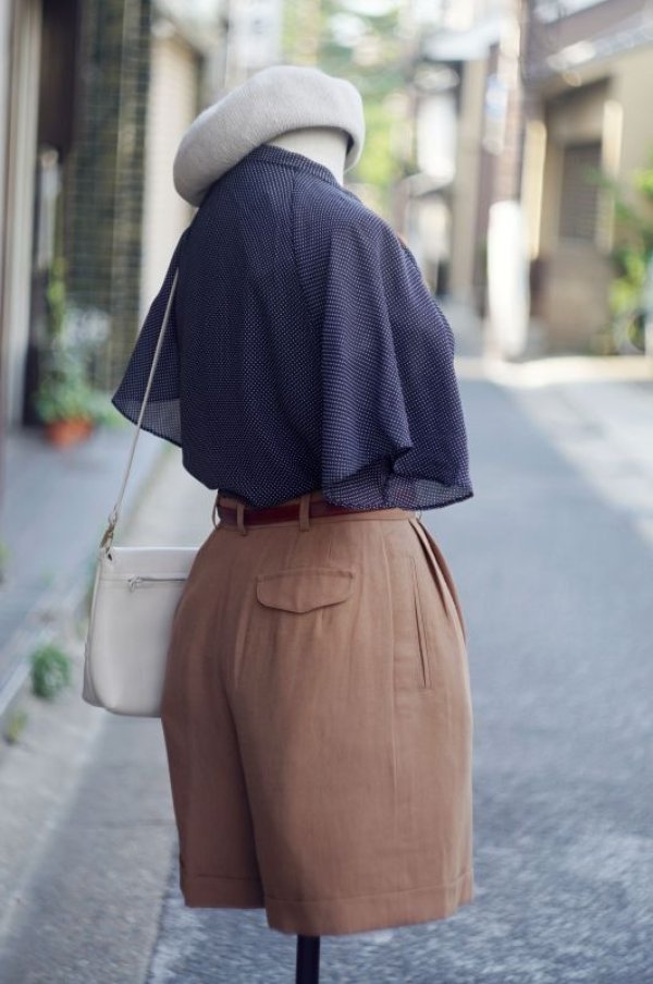 画像4: 無地 ブラウン ショートパンツ タック w/65cm [17268]