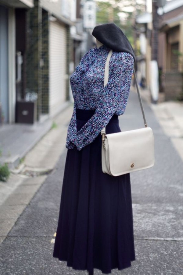 画像6: ドット柄 ネイビー×カラフル 長袖 ブラウス ボウタイカラー [17332]