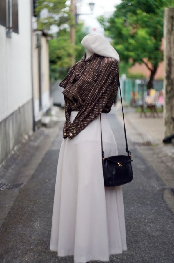 画像4: ドット柄 ブラウン 長袖 ブラウス リボンタイ[17349]