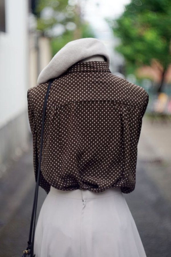 画像3: ドット柄 ブラウン 長袖 ブラウス リボンタイ[17349]