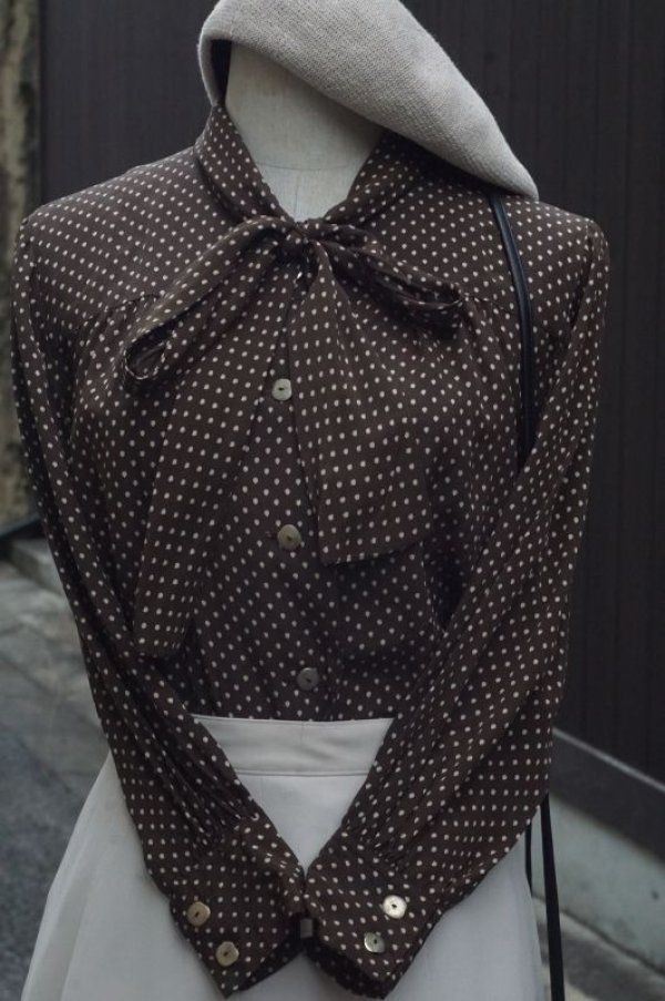 画像8: ドット柄 ブラウン 長袖 ブラウス リボンタイ[17349]