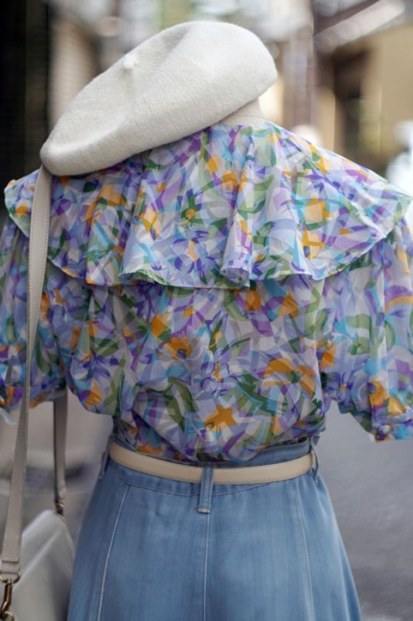 画像3: 花柄 ライトブルー カラフル 半袖 ブラウス リボン [17370]