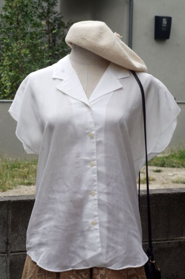 画像6: 無地 白 混麻 ブラウス オープンカラー[17413]