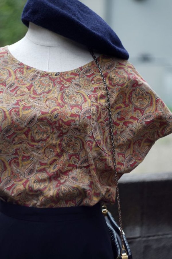 画像3: ペイズリー柄 コットン ノースリーブ ブラウス ノーカラー 胸ポケット プルオーバー[17437]