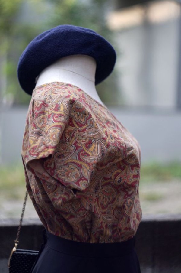 画像5: ペイズリー柄 コットン ノースリーブ ブラウス ノーカラー 胸ポケット プルオーバー[17437]