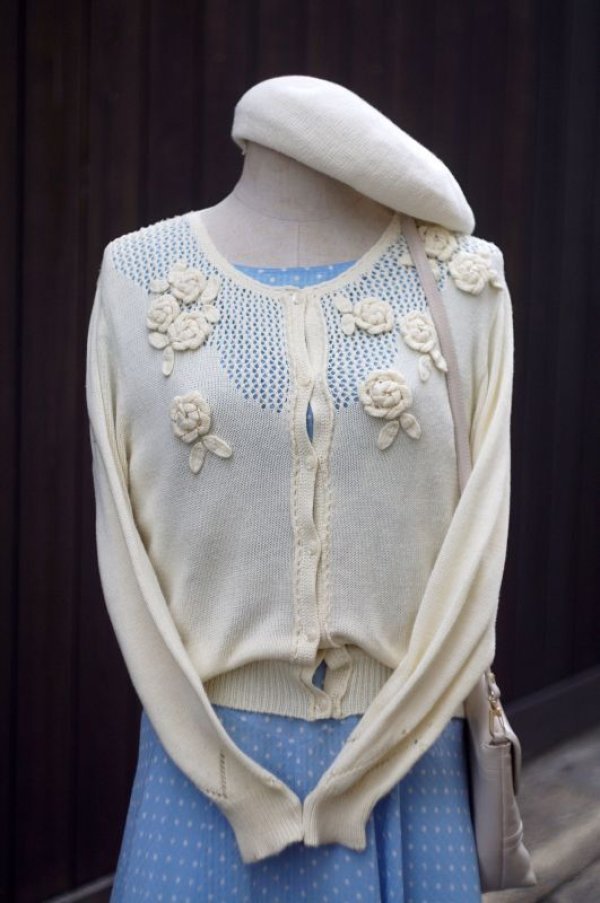 画像4: 白 お花モチーフ ニット カーディガン 長袖[17478]