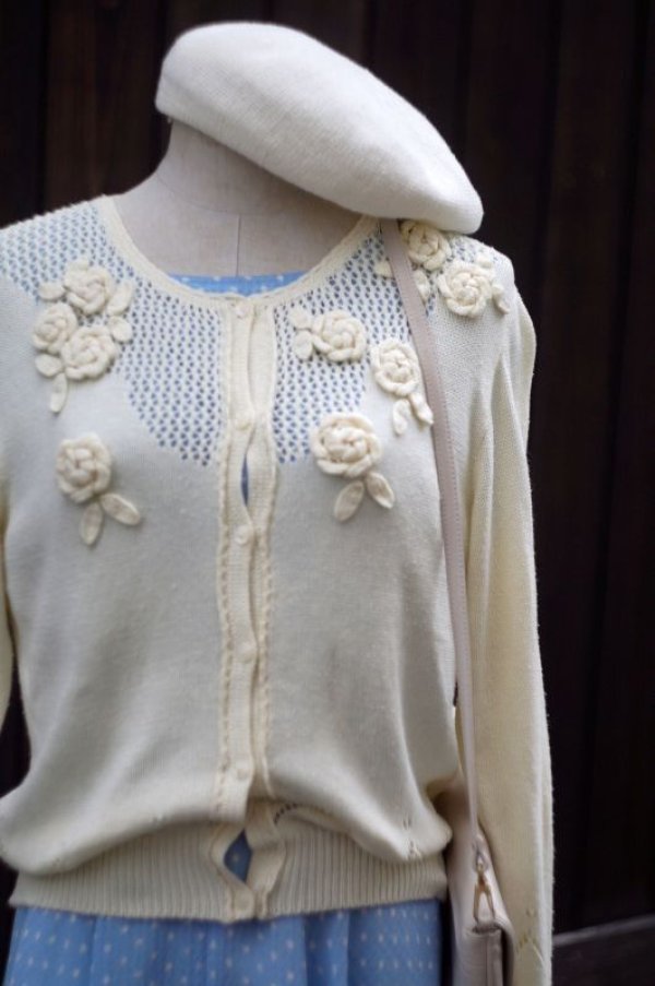 画像8: 白 お花モチーフ ニット カーディガン 長袖[17478]