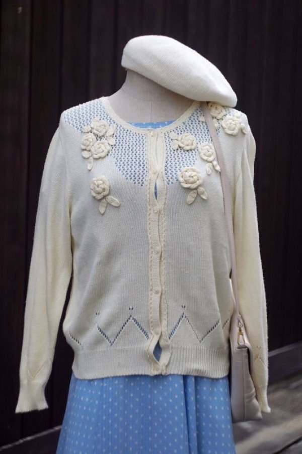 画像9: 白 お花モチーフ ニット カーディガン 長袖[17478]