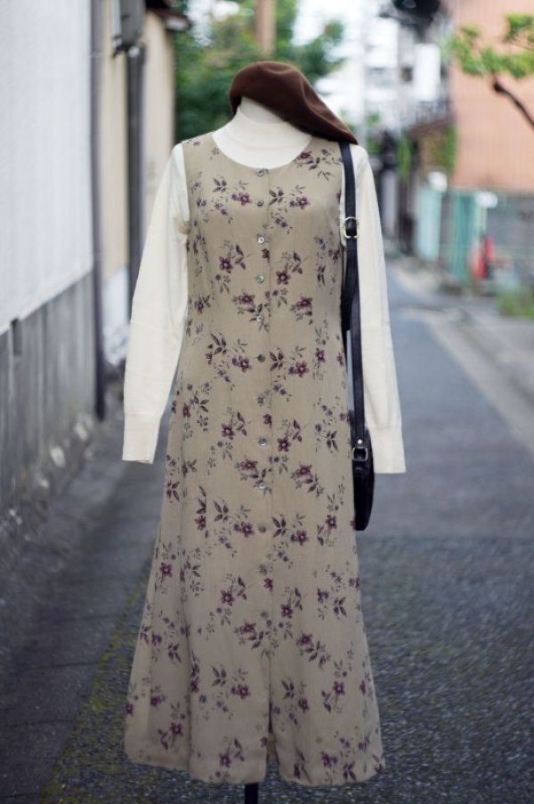 画像3: 花柄 ベージュ ジャンパースカート Uネック  ボタン[17574]