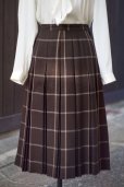画像1: タータンチェック柄 ブラウン系 ウール スカート プリーツ ヘリンボーン w71cm 丈68cm [17638] (1)