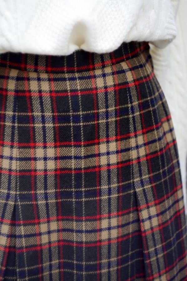 画像4: タータンチェック柄 ベージュ系 ウール スカート プリーツ w67cm 丈70cm [17661]