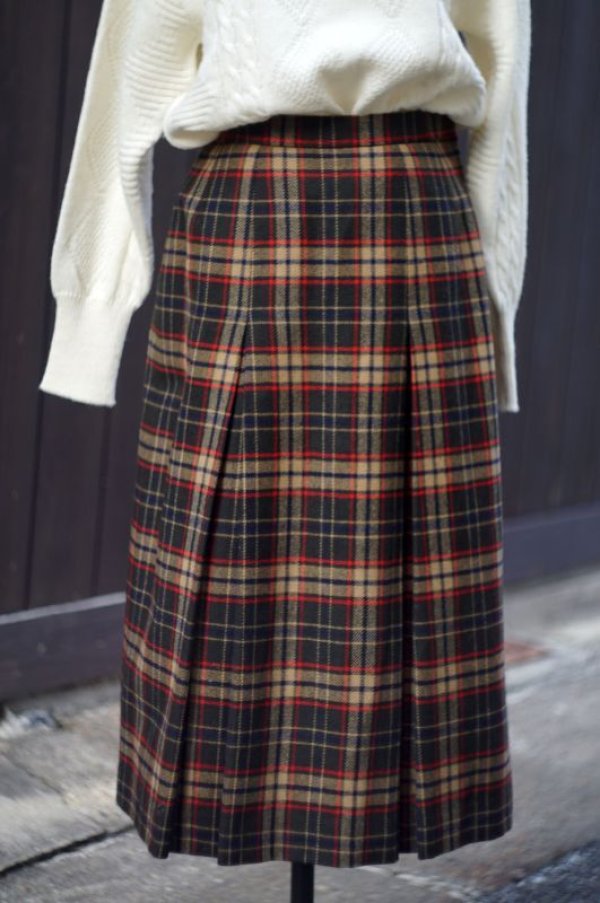 画像1: タータンチェック柄 ベージュ系 ウール スカート プリーツ w67cm 丈70cm [17661]