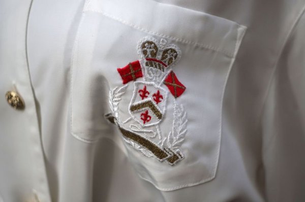 画像6: 無地 白 長袖 ブラウス ラウンドカラー エンブレム刺繍  金ボタン [17707]