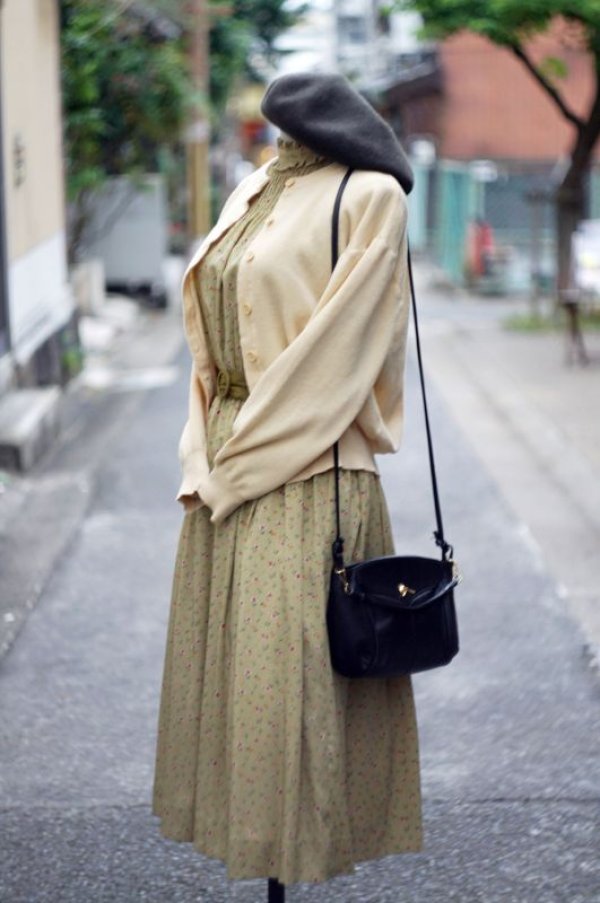 画像6: 無地 ベージュ ニット ウール カーディガン クルーネック 前開き [17748]