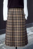 画像1: チェック柄 ブラウン キルトスカート 巻きスカート プリーツ フレア ベルト w66cm [17808] (1)