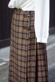 画像3: チェック柄 ブラウン キルトスカート 巻きスカート プリーツ フレア ベルト w66cm [17808]