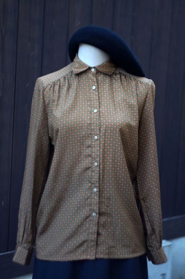 画像8: レトロ幾何学模様 カーキ 長袖 ブラウス レギュラーカラー [17823]