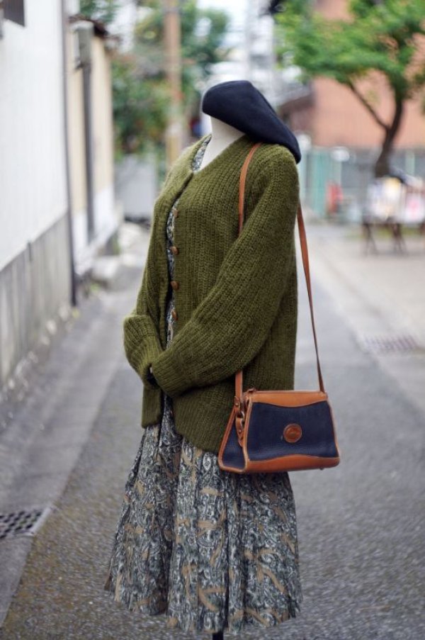 画像4: 無地 緑 ニット ウール カーディガン クルーネック 前開き [17843]