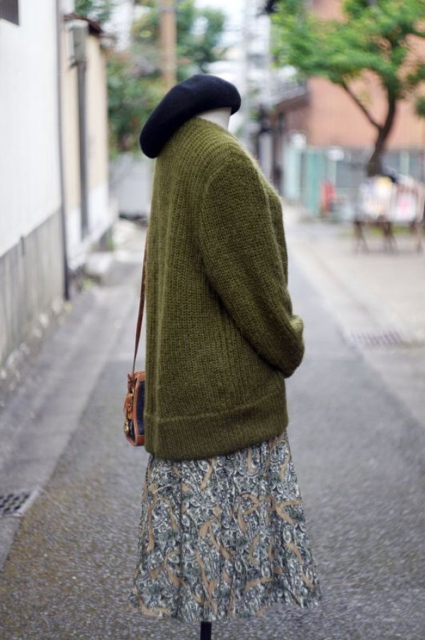 画像5: 無地 緑 ニット ウール カーディガン クルーネック 前開き [17843]