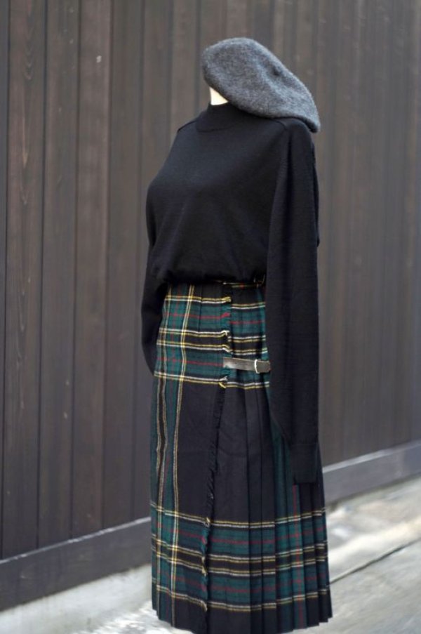 画像4: チェック柄 緑 ウール 巻きスカート プリーツ w58cm [17853]