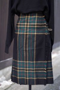 チェック柄 緑 ウール 巻きスカート プリーツ w58cm [17853]