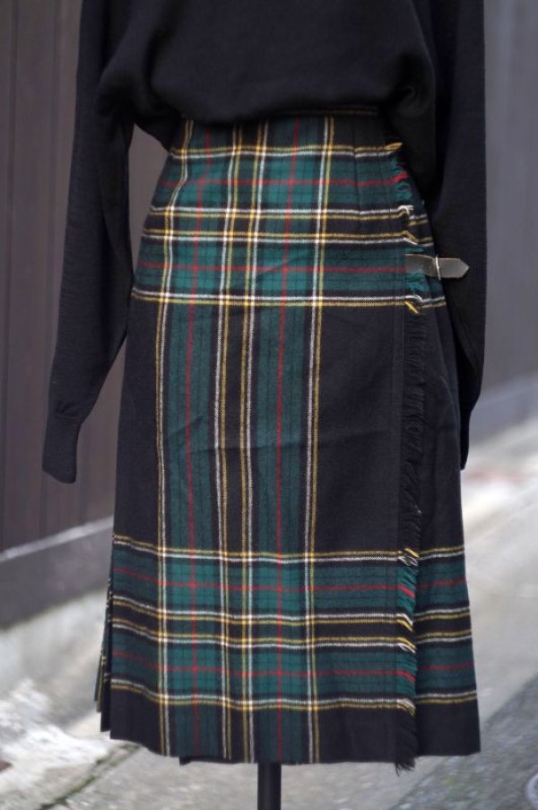 画像1: チェック柄 緑 ウール 巻きスカート プリーツ w58cm [17853]