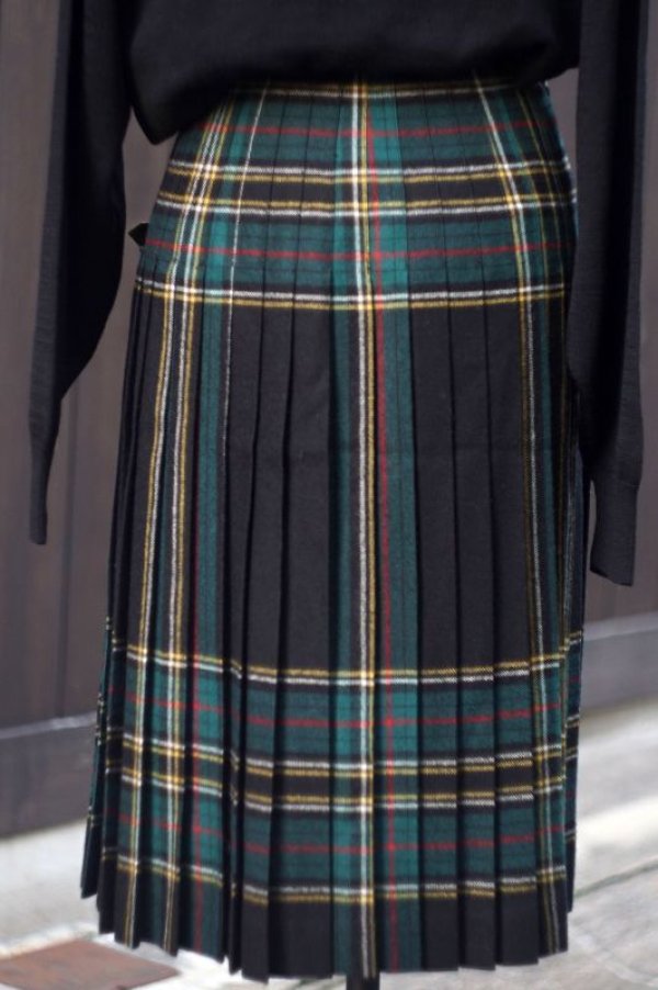 画像2: チェック柄 緑 ウール 巻きスカート プリーツ w58cm [17853]