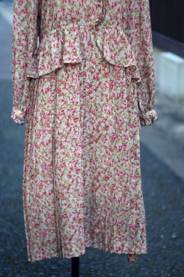 画像7: 花柄 緑×ピンク 長袖 レトロワンピース ペプラム フリルスタンドカラー[17892]