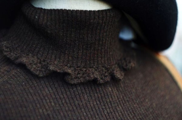 画像5: 無地 茶色 長袖 ウール リブニット タートルネック セーター [17910]