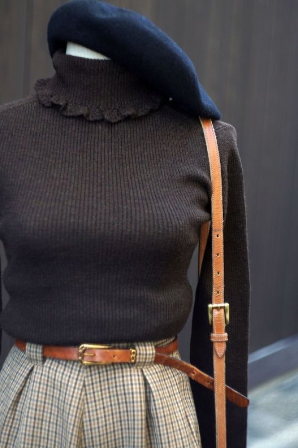 画像7: 無地 茶色 長袖 ウール リブニット タートルネック セーター [17910]