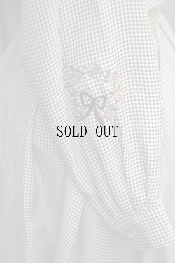 画像11: ギンガムチェック柄 白×ブラウン セットアップ 長袖 ラウンドカラー 刺繍 お花モチーフ [17911]