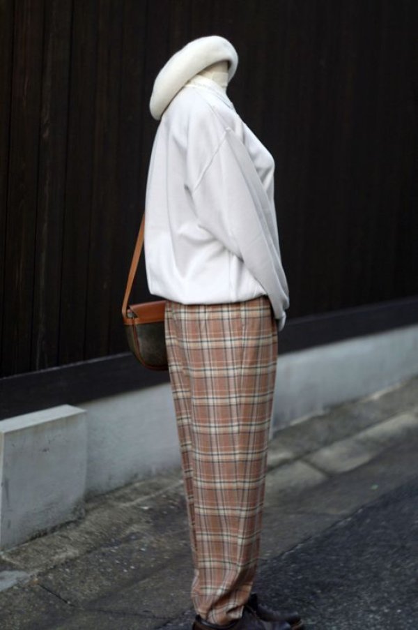 画像4: チェック柄 ベージュ ウール タックパンツ w66cm [17895]