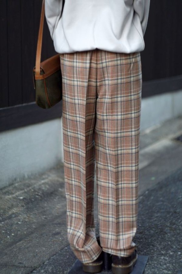 画像3: チェック柄 ベージュ ウール タックパンツ w66cm [17895]