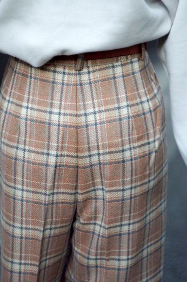 画像6: チェック柄 ベージュ ウール タックパンツ w66cm [17895]