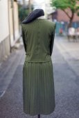 画像3: ドット柄 緑 長袖 レトロワンピース ノーカラー プリーツスカート [17904]
