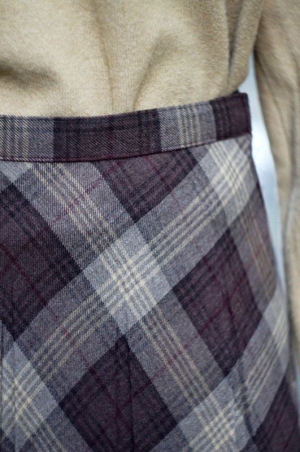 画像7: チェック柄 ブラウン ウール プリーツスカート w62-66cm [17919]
