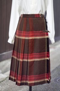 チェック柄 赤×ブラウン ツイード ウール 巻きスカート w73cm [17938]