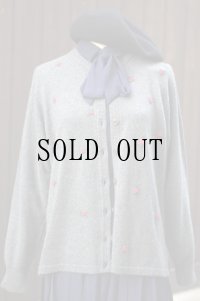 無地 グレー カシミヤ混ニット カーディガン 前開き クルーネック 花モチーフ 刺繍[18010]