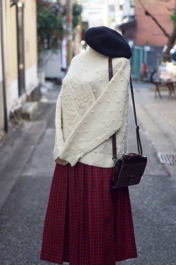 画像4: チェック柄 赤×緑 プリーツスカート ウール w/66cm [18020]