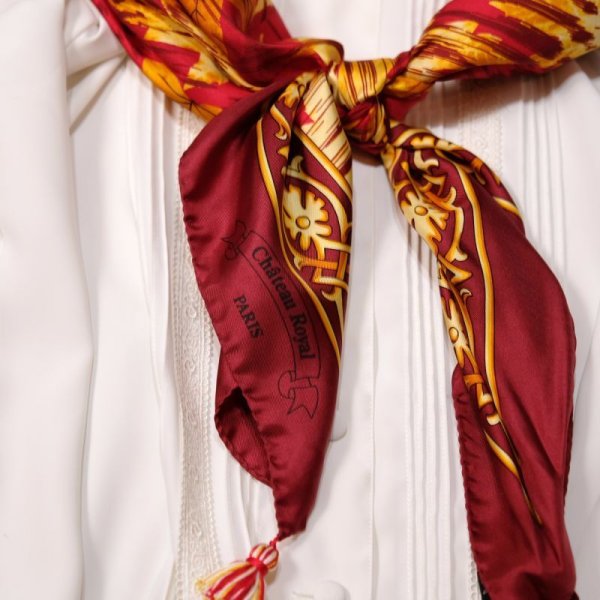 画像6: 紅葉柄 レッド系シルク スカーフ 87cm四方 [17877]