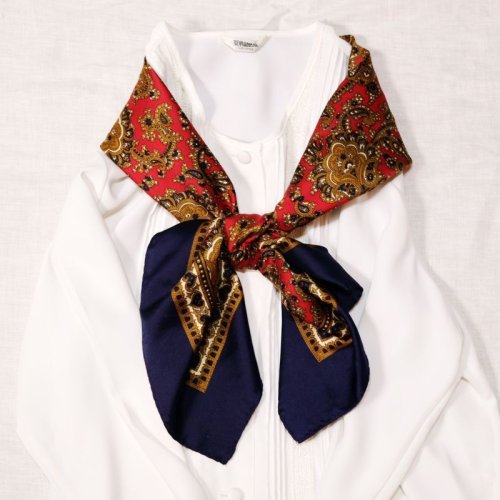 他の写真1: ペイズリー柄 ネイビー系×レッド系 ポリエステル スカーフ 89cm四方 [17882]