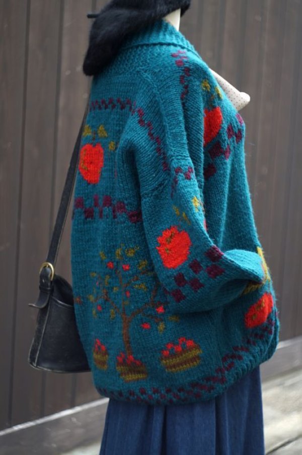 画像3: リンゴ柄 緑 ニット ウール カーディガン クルーネック 前開き [18076]